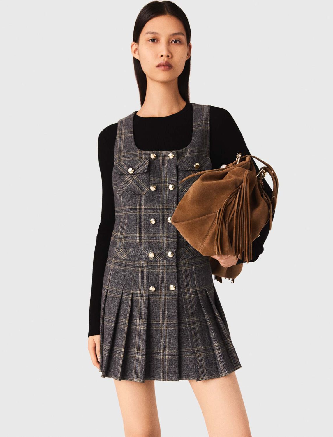 Short pleated checked dress : Dresses color Grey