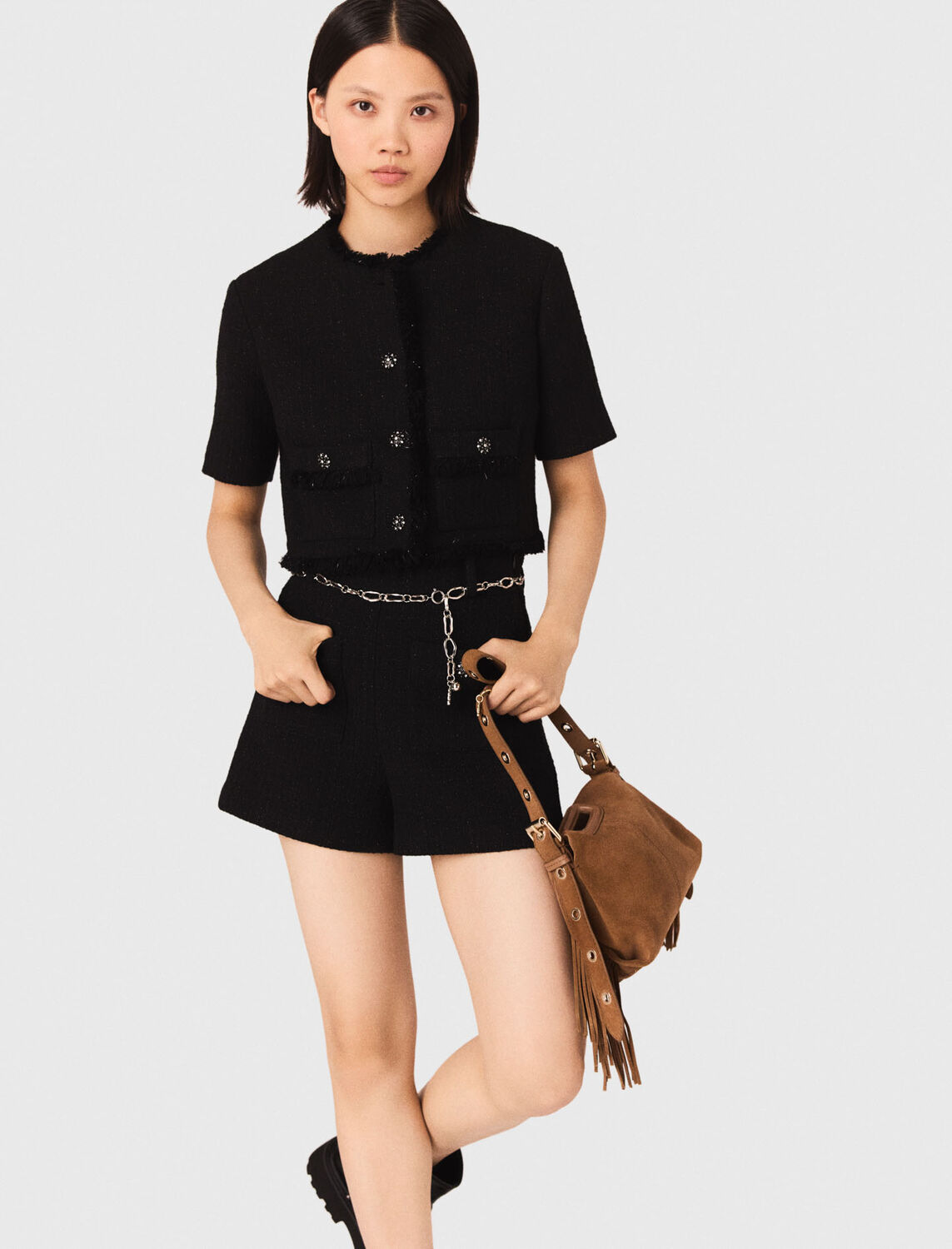 Shiny tweed shorts : Skirts & Shorts color Black