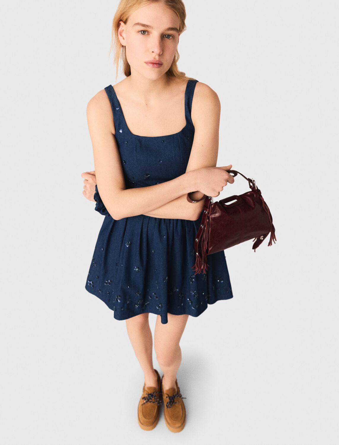 Flared embroidered denim dress : Dresses color Navy