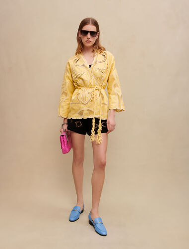 Embroidered kimono jacket : Coats & Jackets color Yellow banana