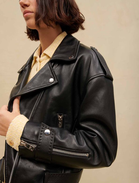 Leather biker-style jacket : Coats & Jackets color Black