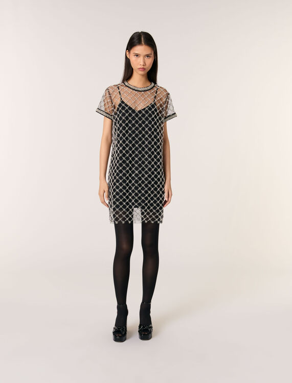 Short embroidered tulle dress : Dresses color Black