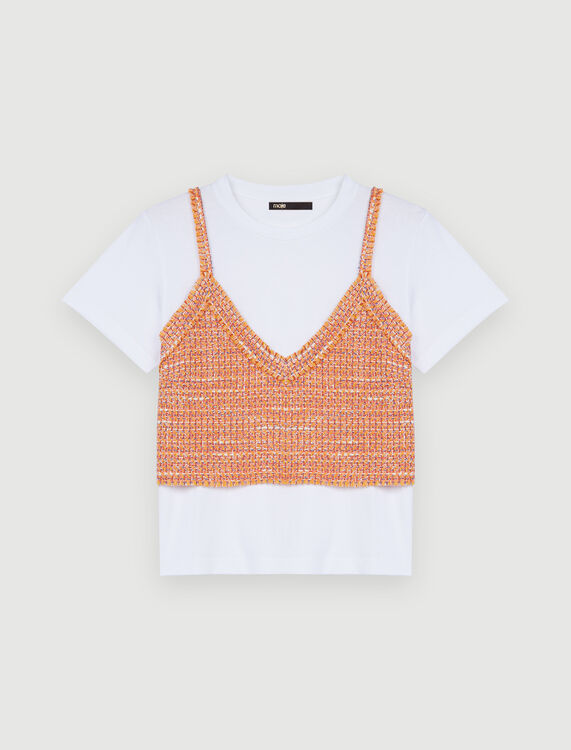 Trompe l’oeil jersey and tweed T-shirt - Up to 50% off - MAJE