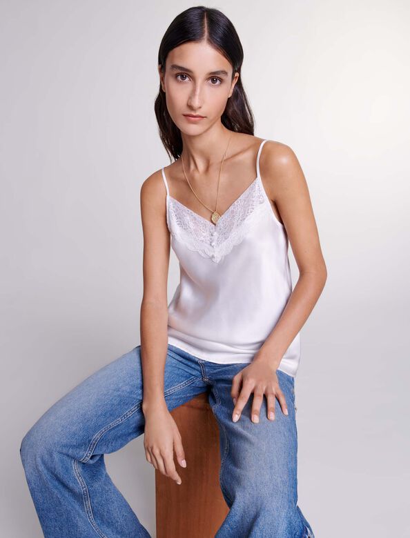 Silk satin and lace top : Tops color White