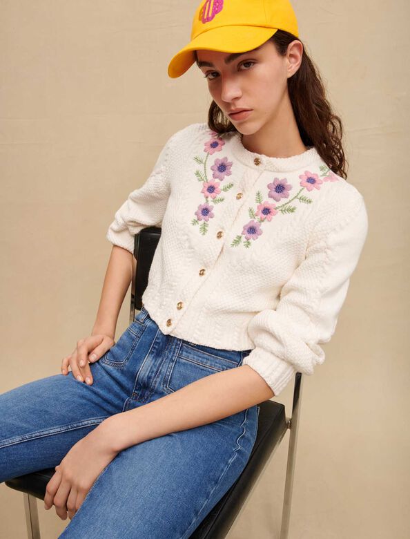 Floral embroidered cropped cardigan : Tops color Ecru