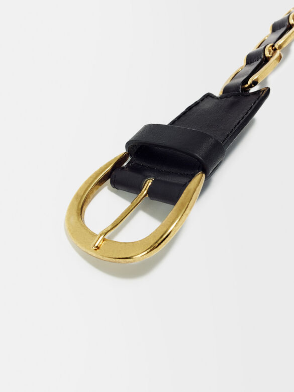 Black leather belt with gold-tone rings : Other Accessories color 