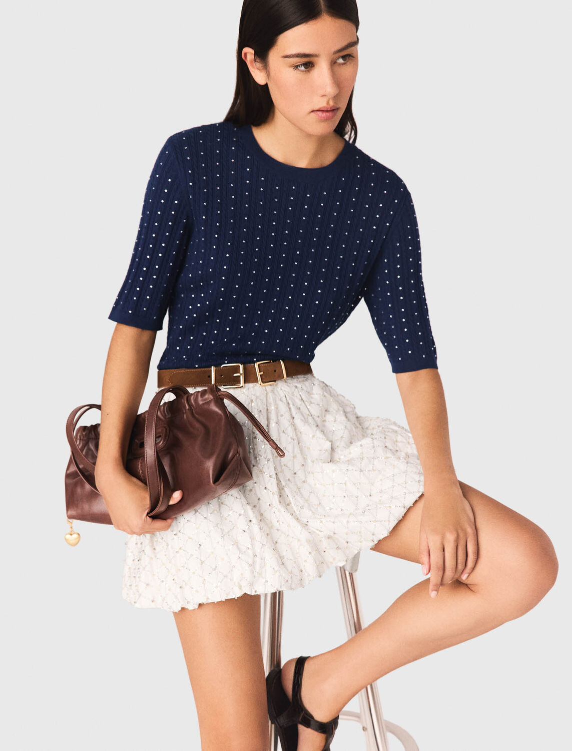 Round-neck rhinestone jumper : Sweaters & Cardigans color Navy