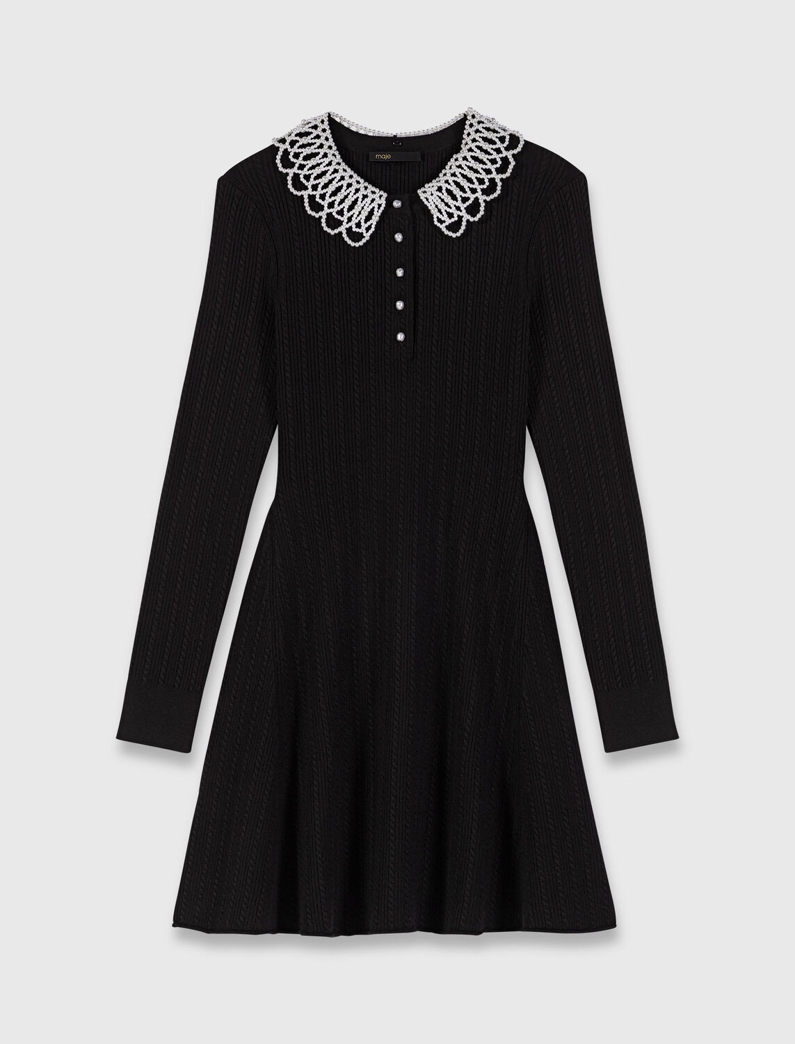Short beaded-collar knit dress : Dresses color Black