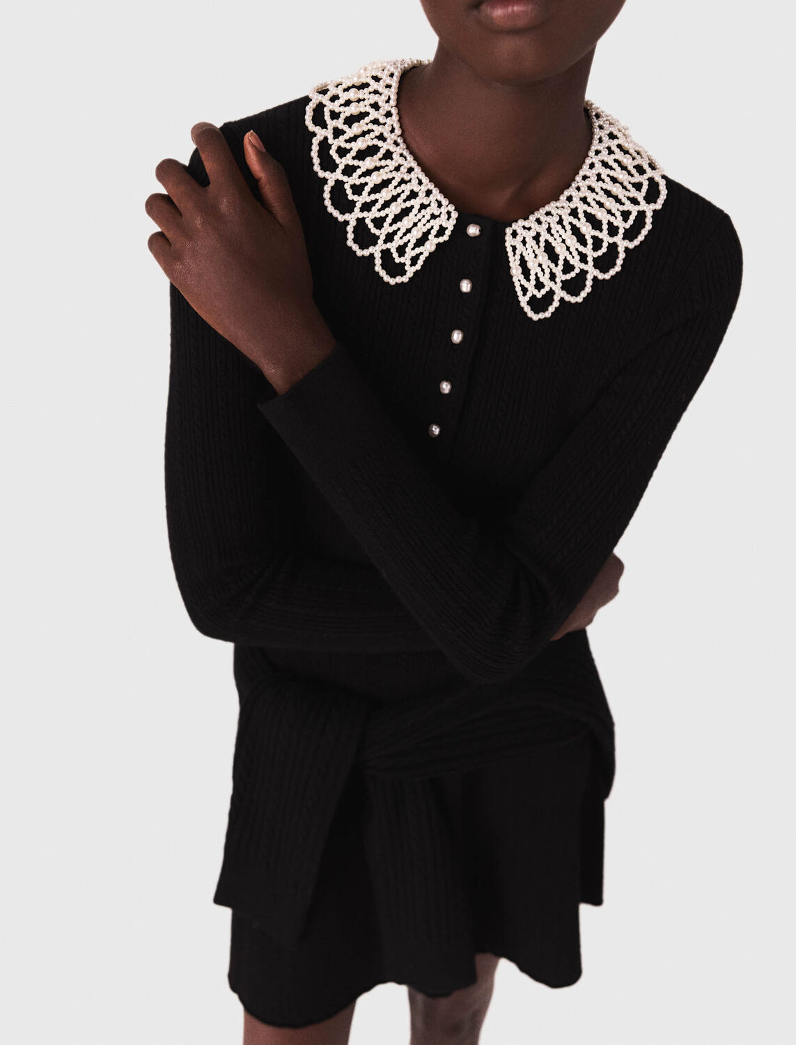 Short beaded-collar knit dress : Dresses color Black