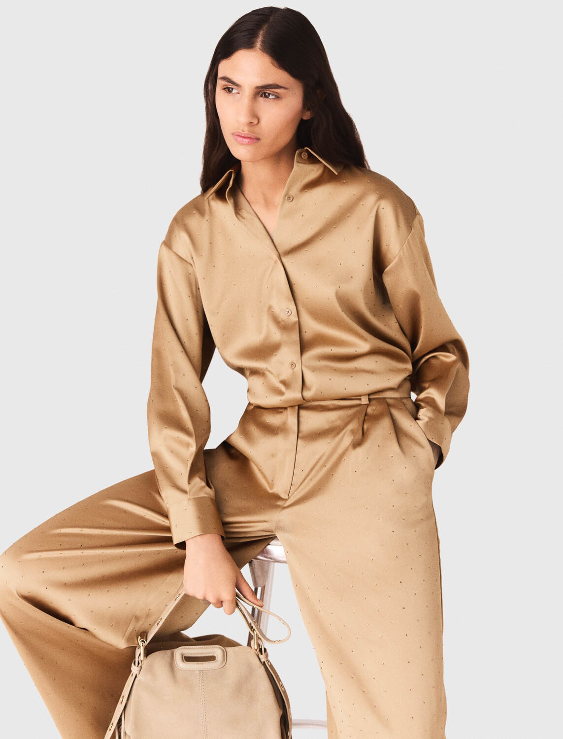 Rhinestone satin shirt - Shirts - MAJE