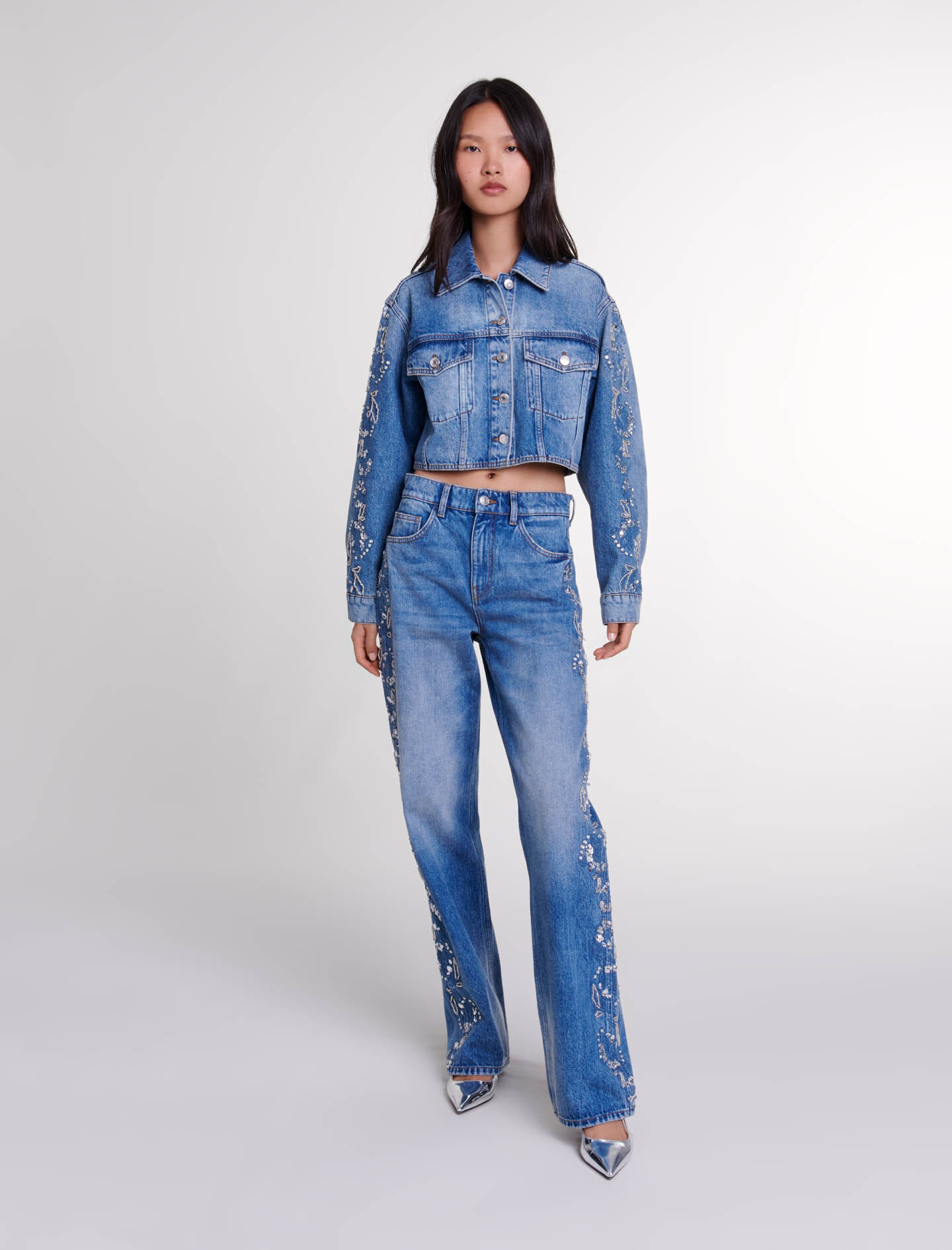 124BROMESSA Embroidered denim jacket - Blazers & Jackets - Maje.com