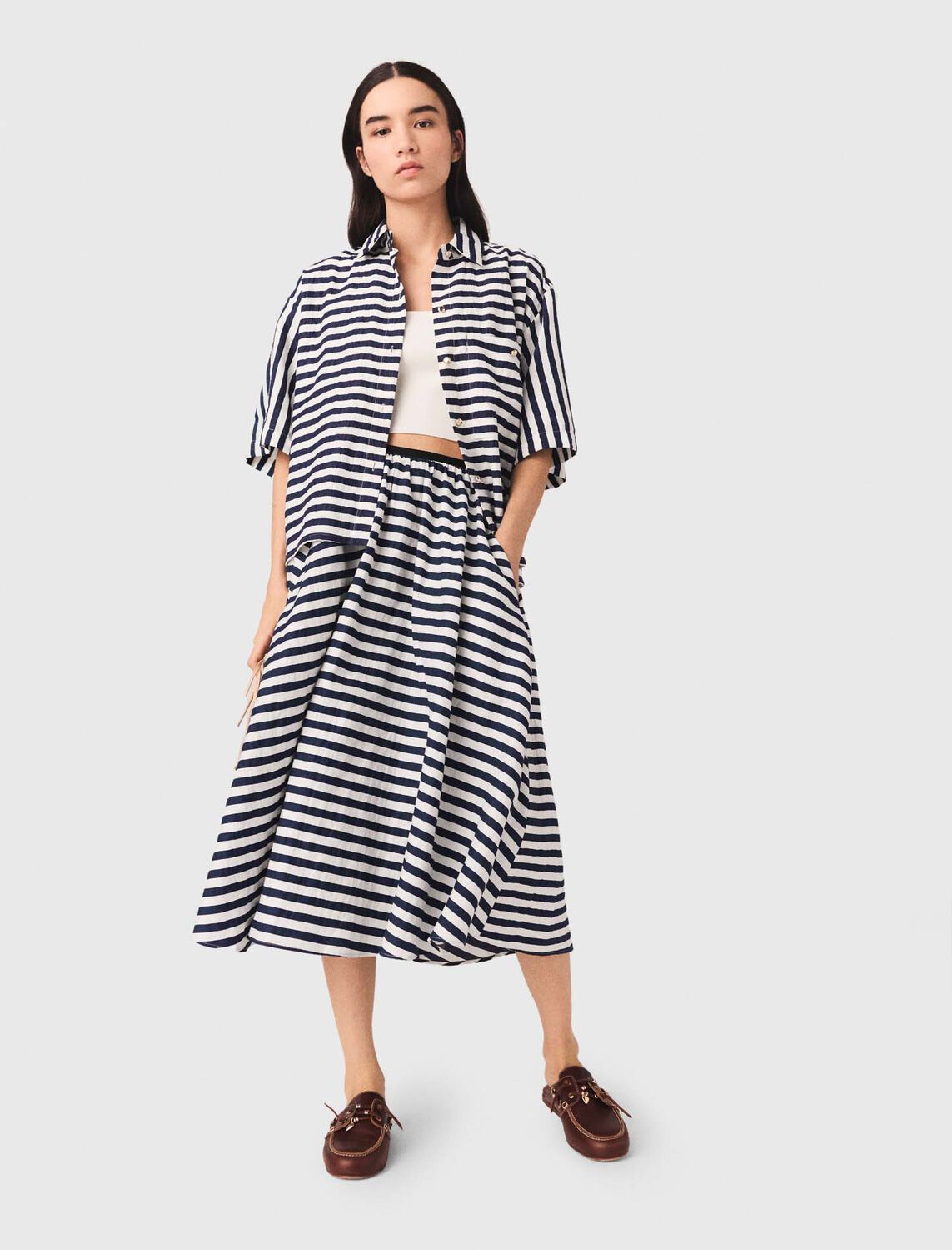 Linen-blend midi skirt : Skirts & Shorts color White/Blue