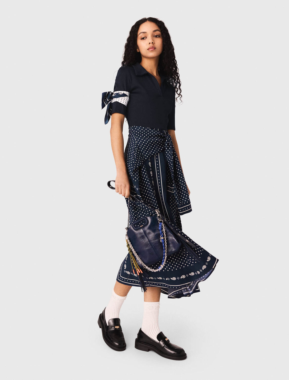 Patterned mixed-material dress : Dresses color Navy Dot Bandana Print