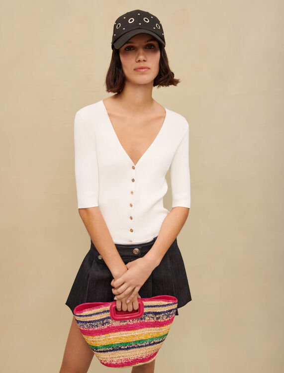White ribbed V-neck top - Sweaters & Cardigans - MAJE