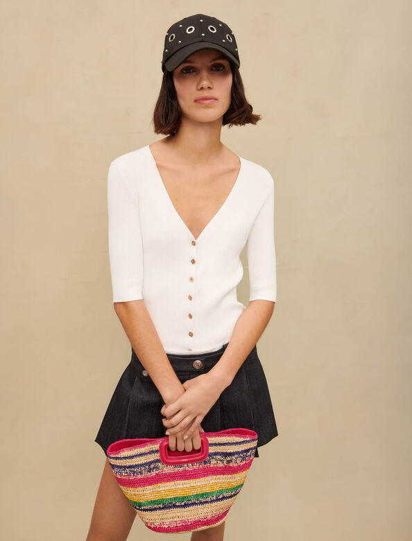 White ribbed V-neck top : Sweaters & Cardigans color White