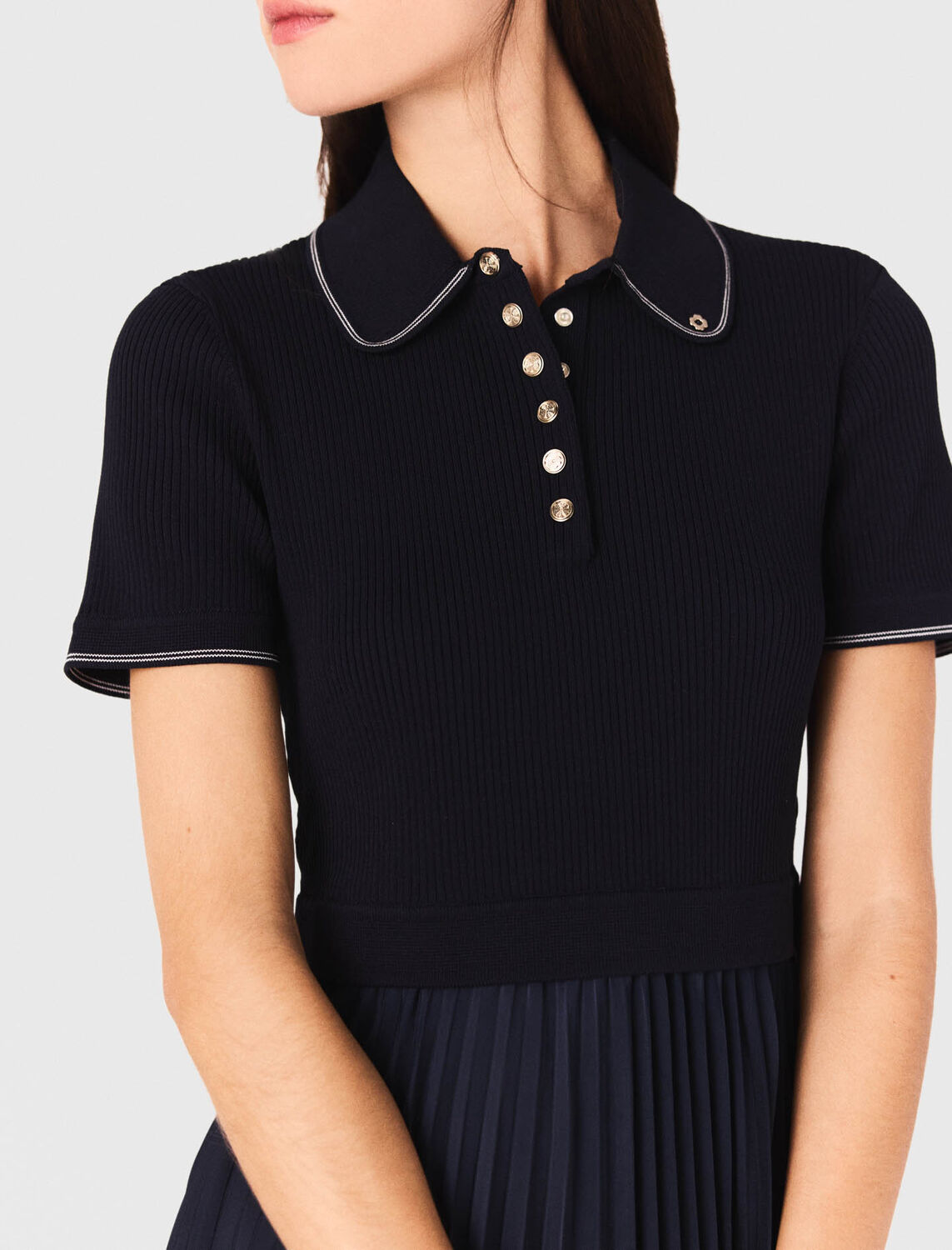 Short pleated polo collar dress : Dresses color Navy