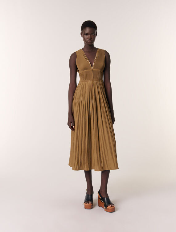 Jewellery neckline pleated dress : Dresses color Khaki