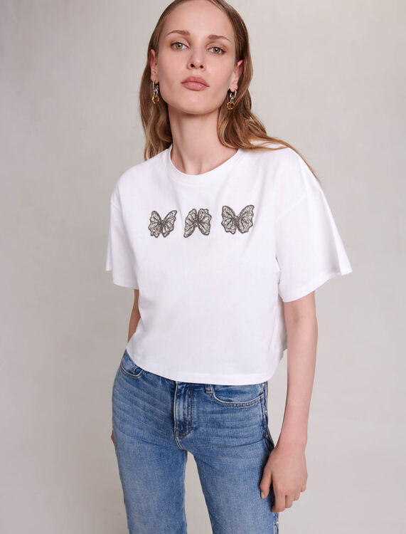 Rhinestone butterfly cropped tee - T-Shirts - MAJE