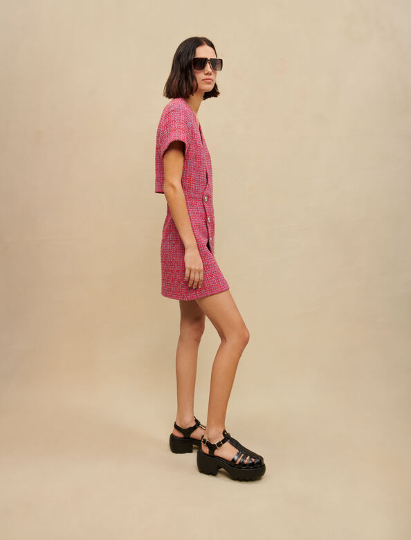 Short tweed dress with open back : Dresses color Fuchsia
