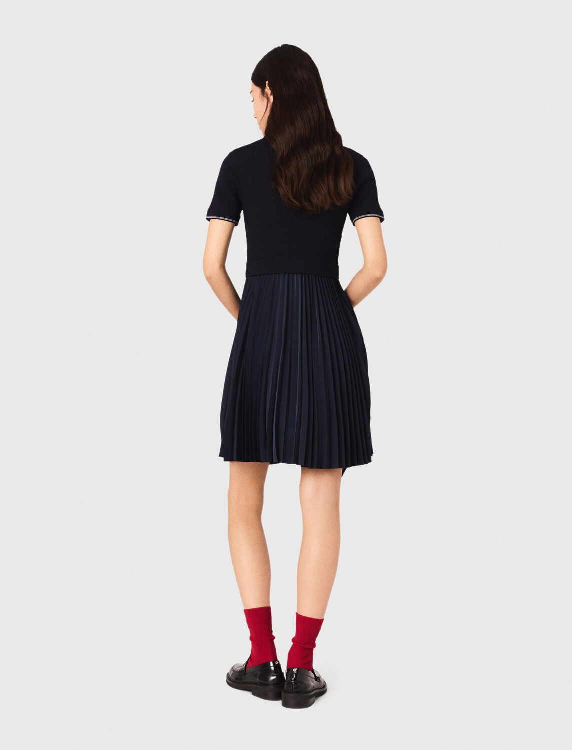 Short pleated polo collar dress : Dresses color Navy