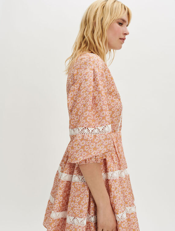 Printed dress with lace trim : Dresses color Pink daisy