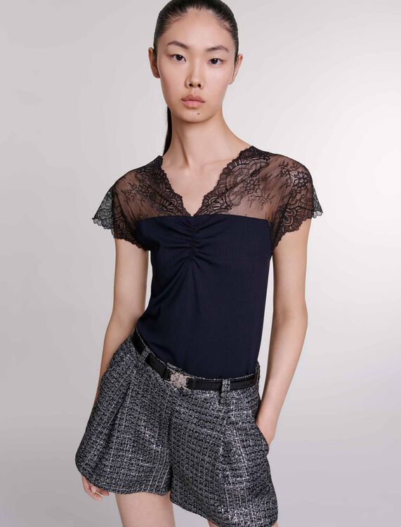 Jersey top with lace trim - Tops - MAJE
