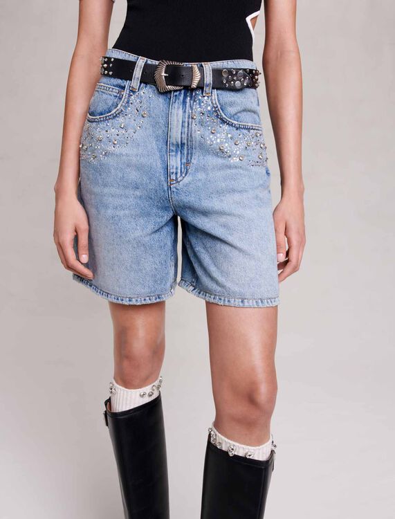 Flared denim shorts with rhinestones - Skirts & Shorts - MAJE