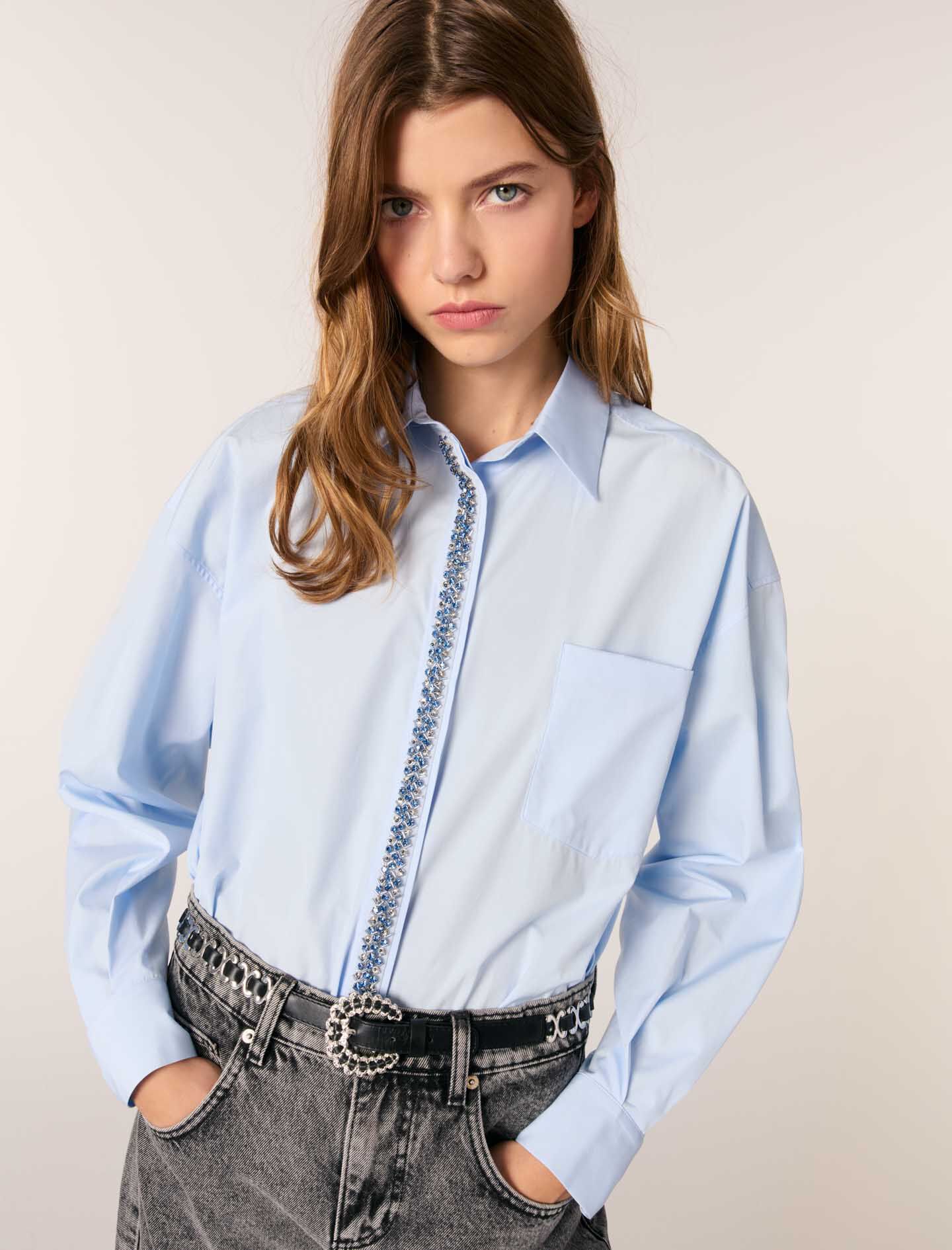 225CAMERONOU Poplin shirt with rhinestones - Shirts - Maje.com