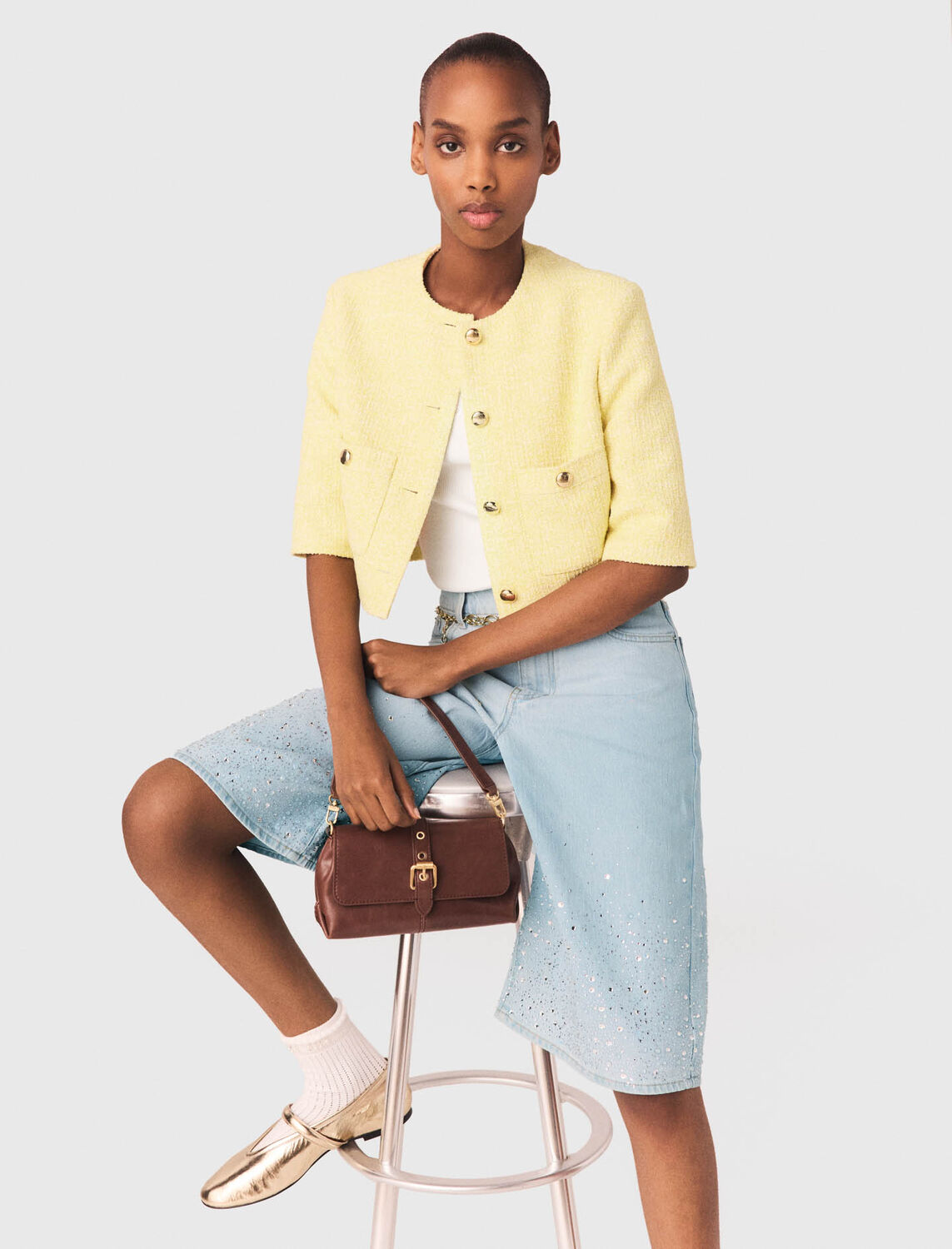 Short-sleeved tweed jacket : Blazers & Jackets color Pale Yellow