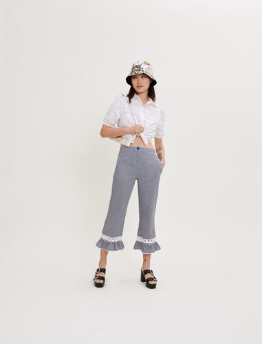 Gingham and lace trousers : Trousers & Jeans color Navy / Ecru