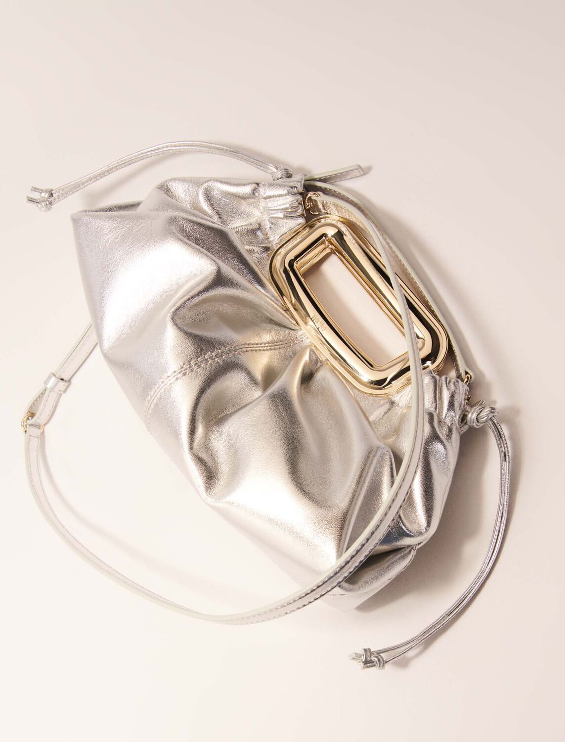 Metal handle metal leather clutch -  - MAJE