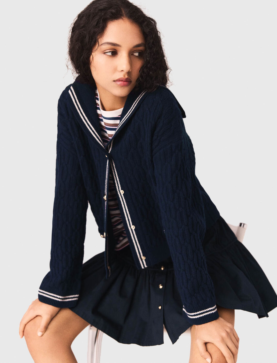 Cable-knit boat neck cardigan : Sweaters & Cardigans color Ecru