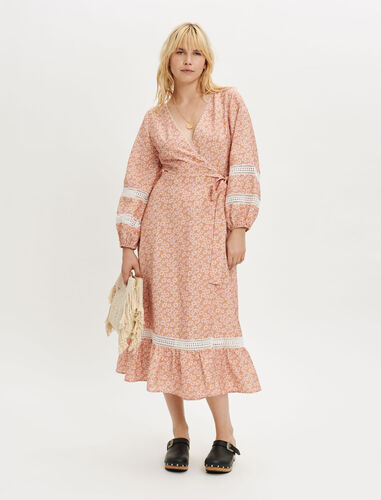 Printed wrap dress with braiding : Dresses color Pink daisy