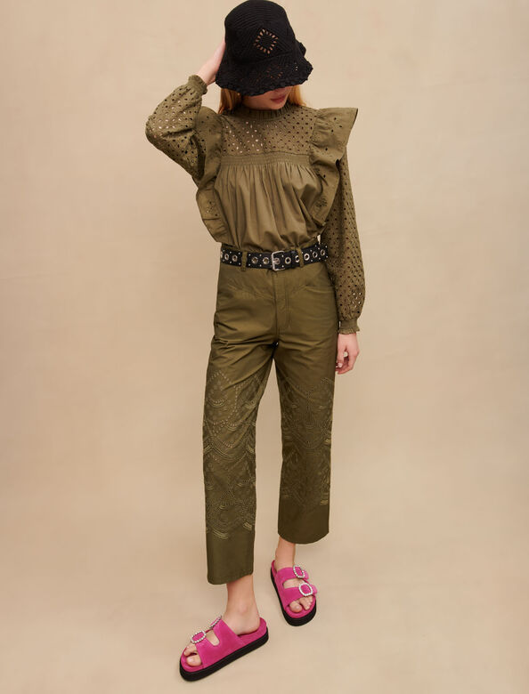 Embroidered cotton trousers : Trousers & Jeans color Khaki