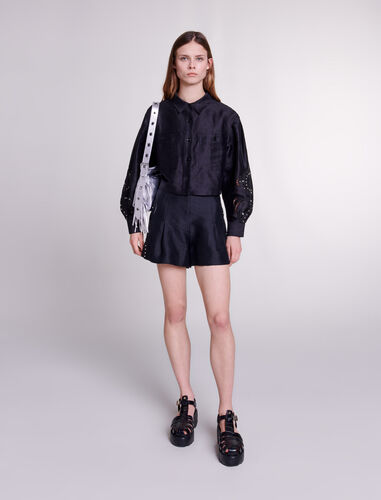 Openwork linen cropped shirt : Shirts color Black