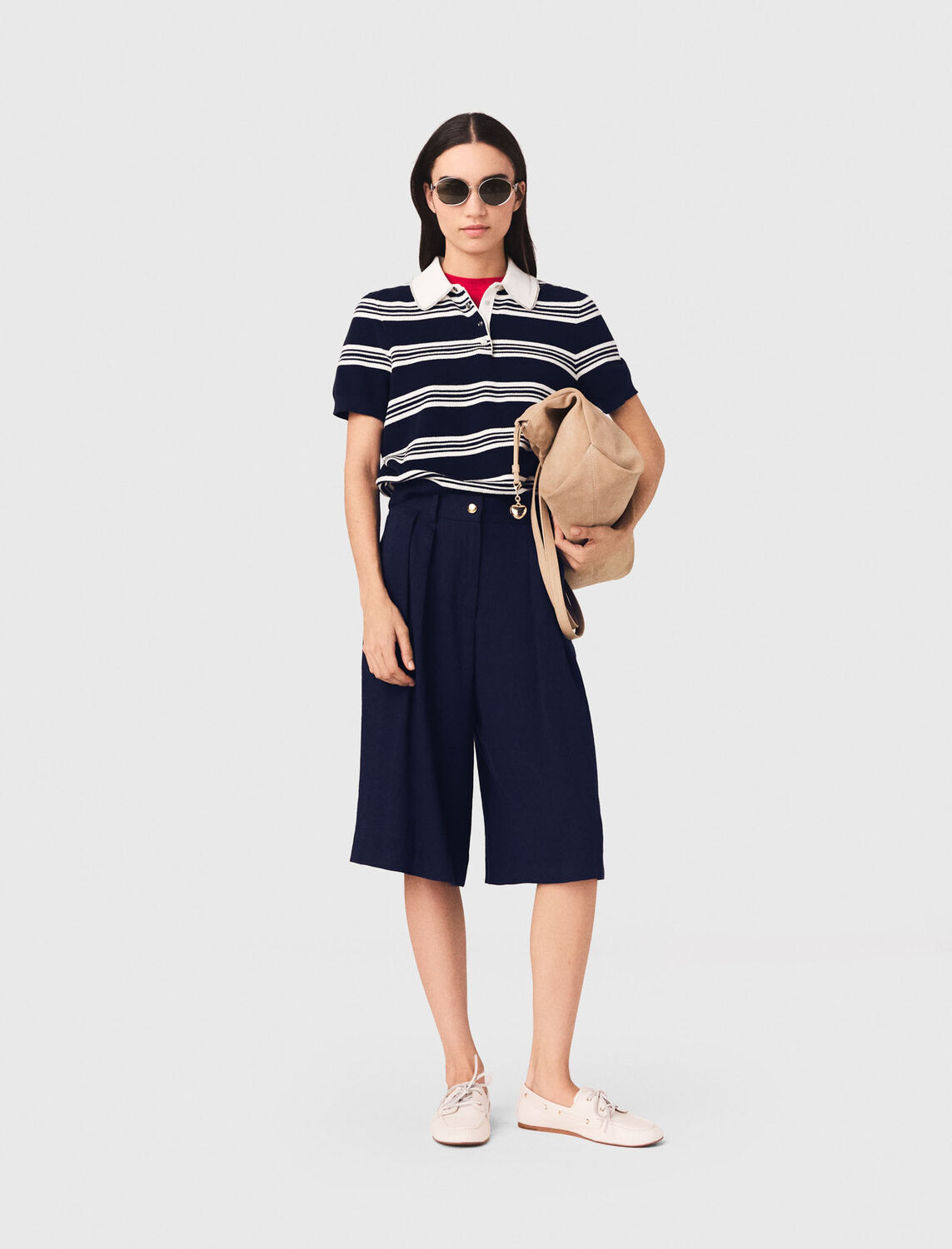 Striped polo with rhinestone collar - Sweaters & Cardigans - MAJE