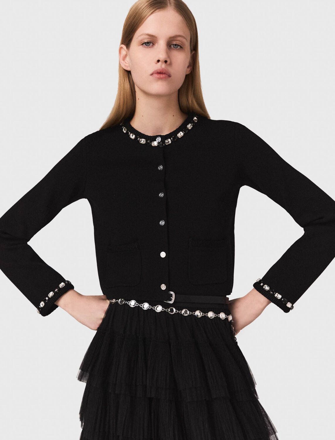 Cropped jewellery detail cardigan : Sweaters & Cardigans color Black