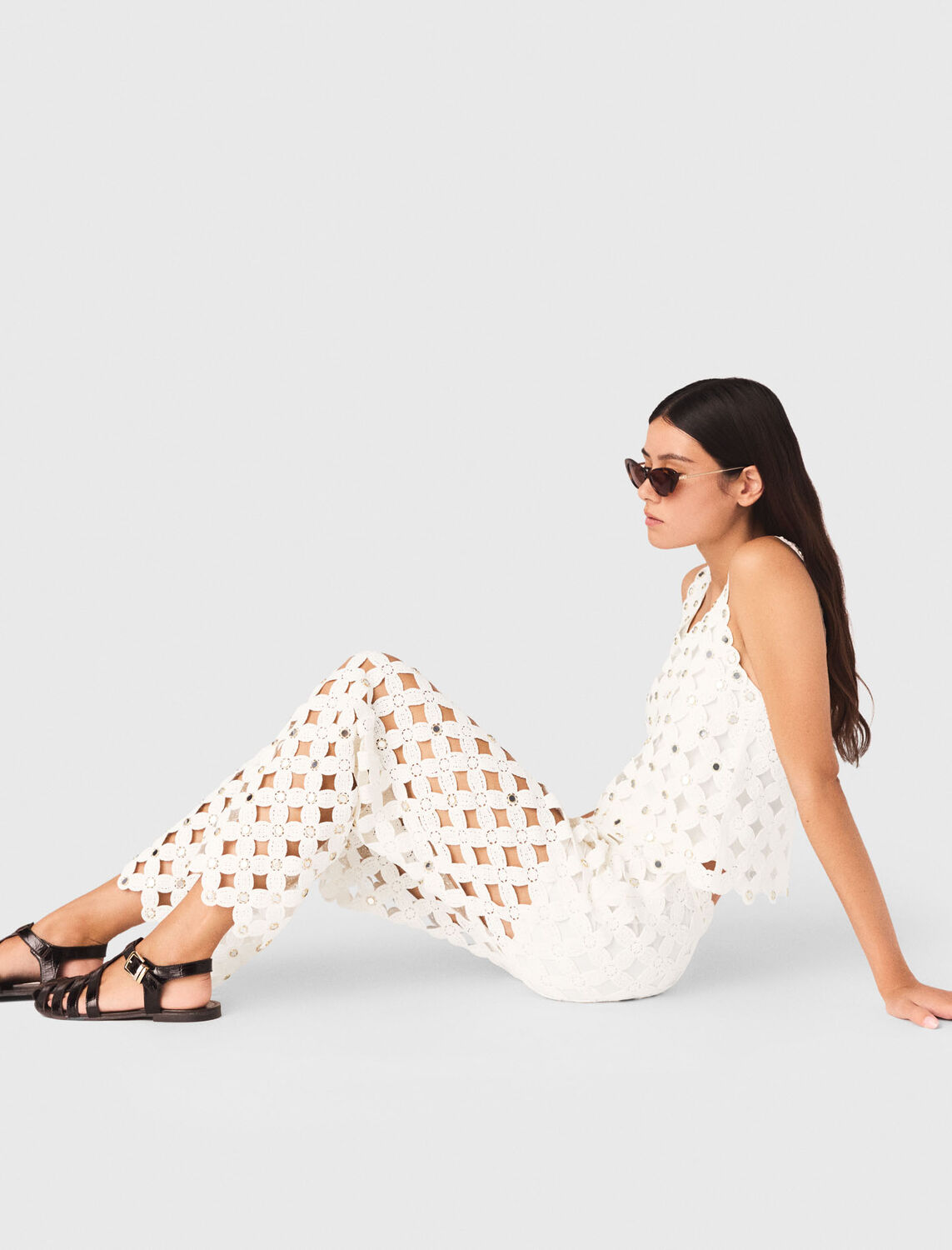 Crochet trousers with mirrors : Trousers & Jeans color White