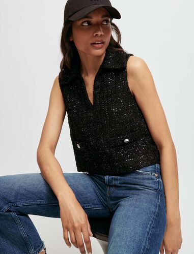 Sequinned tweed-style sleeveless top : Tops color Black