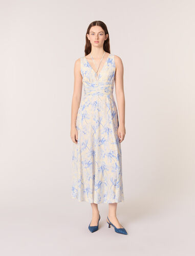 Patterned maxi dress with lacing : Dresses color Blue flower print ecru base