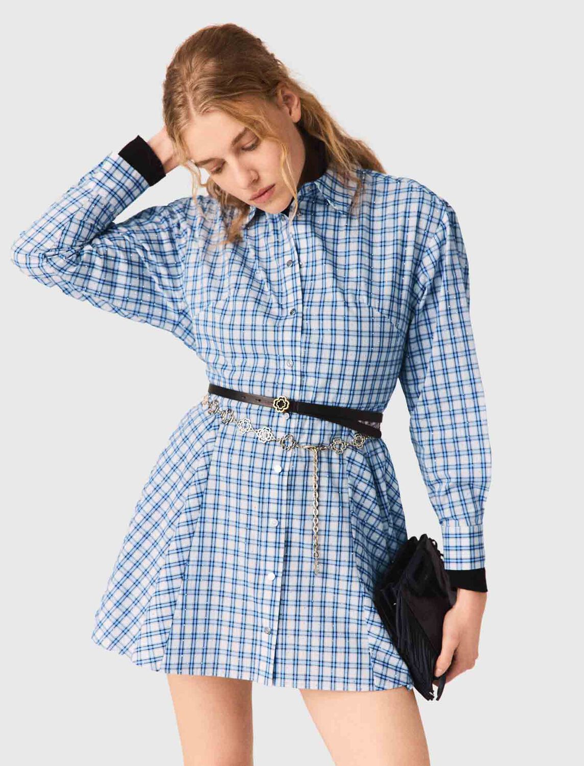 Rhinestone-trim cotton shirt dress : Dresses color Blue check print