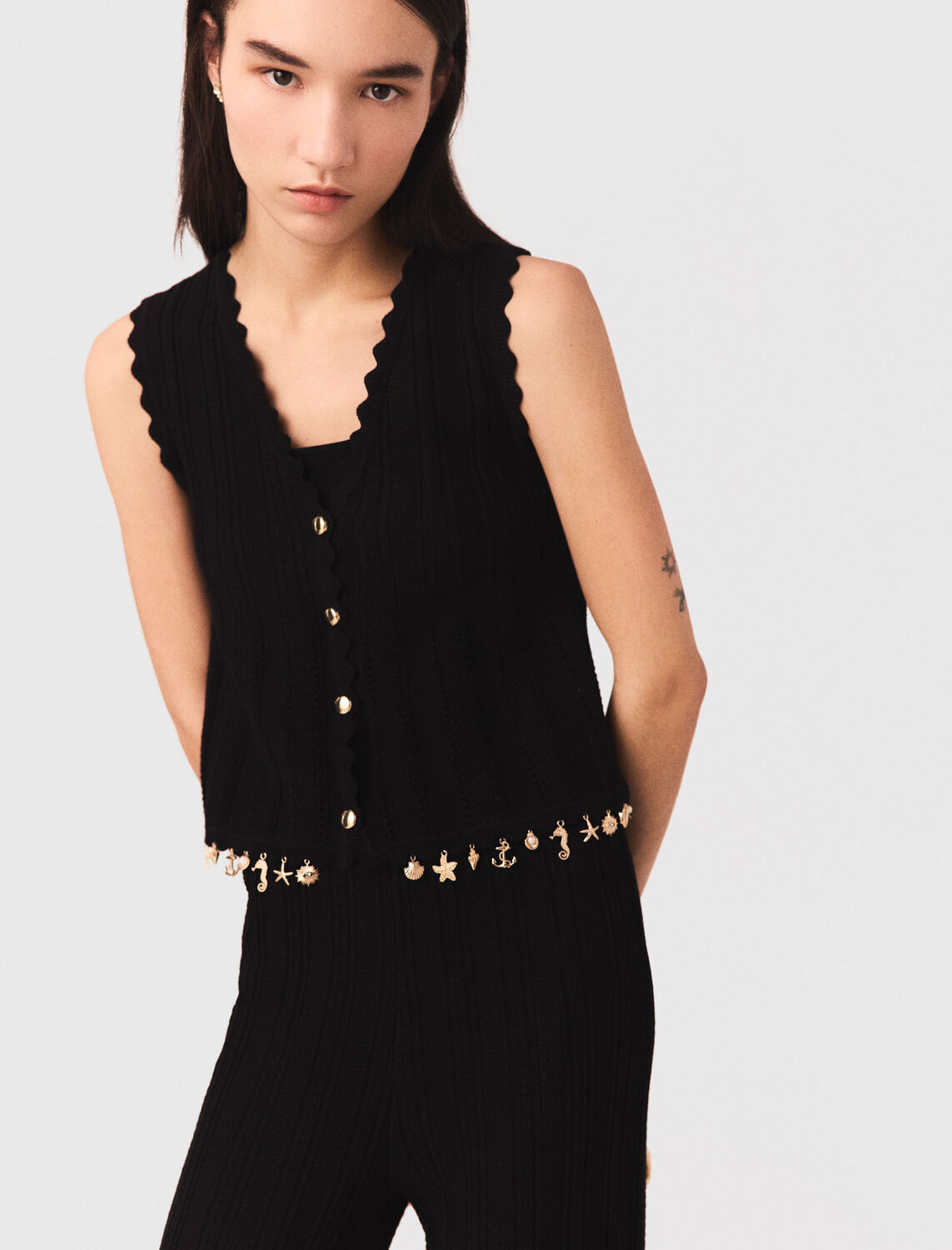 Gold-embellished knit cardigan : Tops color Black
