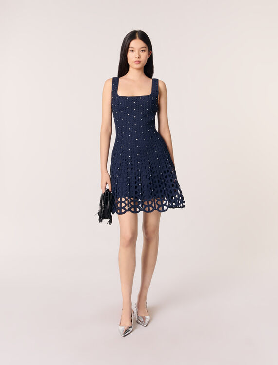Rhinestone crochet short dress : Dresses color Navy