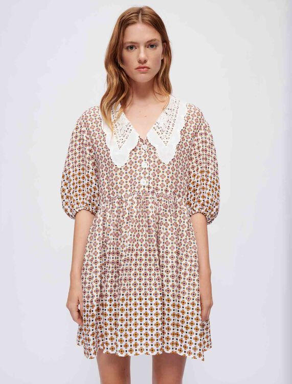 Printed linen dress, embroidered collar - Dresses - MAJE