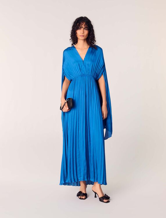 Pleated satin cape maxi dress : Dresses color Blue