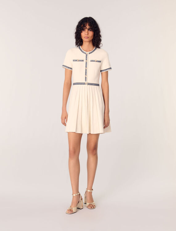 Pleated knit short dress : Dresses color Ecru