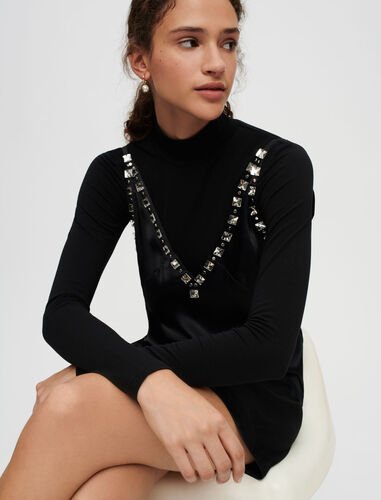 Black satin dress with jewelled strap : Dresses color Black