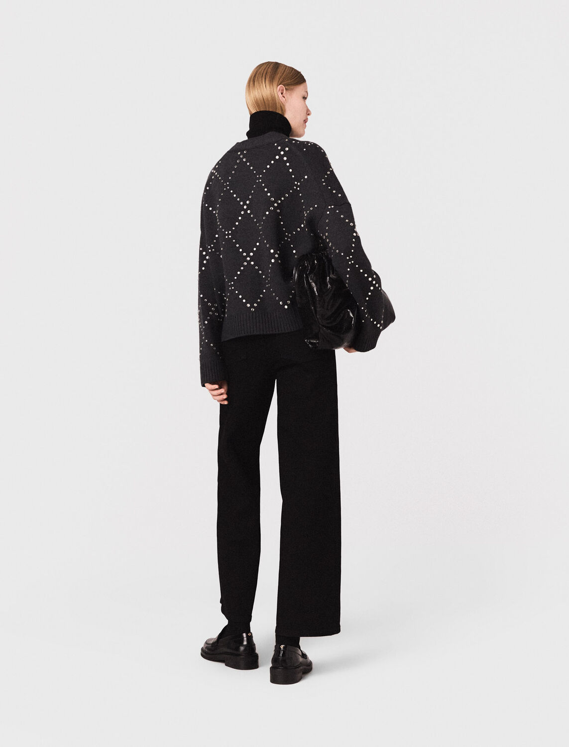 Rhinestone check cardigan : Sweaters & Cardigans color Grey