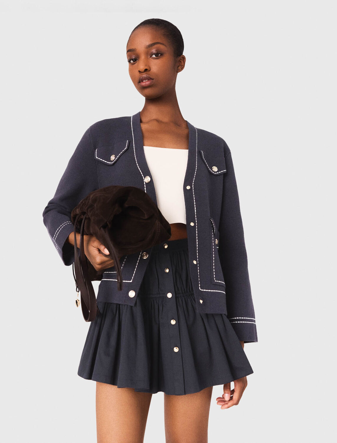 Long topstitched knit cardigan : Sweaters & Cardigans color Navy