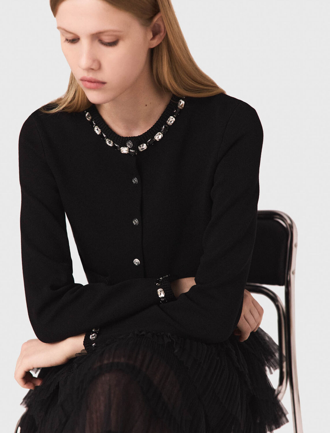 Cropped jewellery detail cardigan : Sweaters & Cardigans color Black